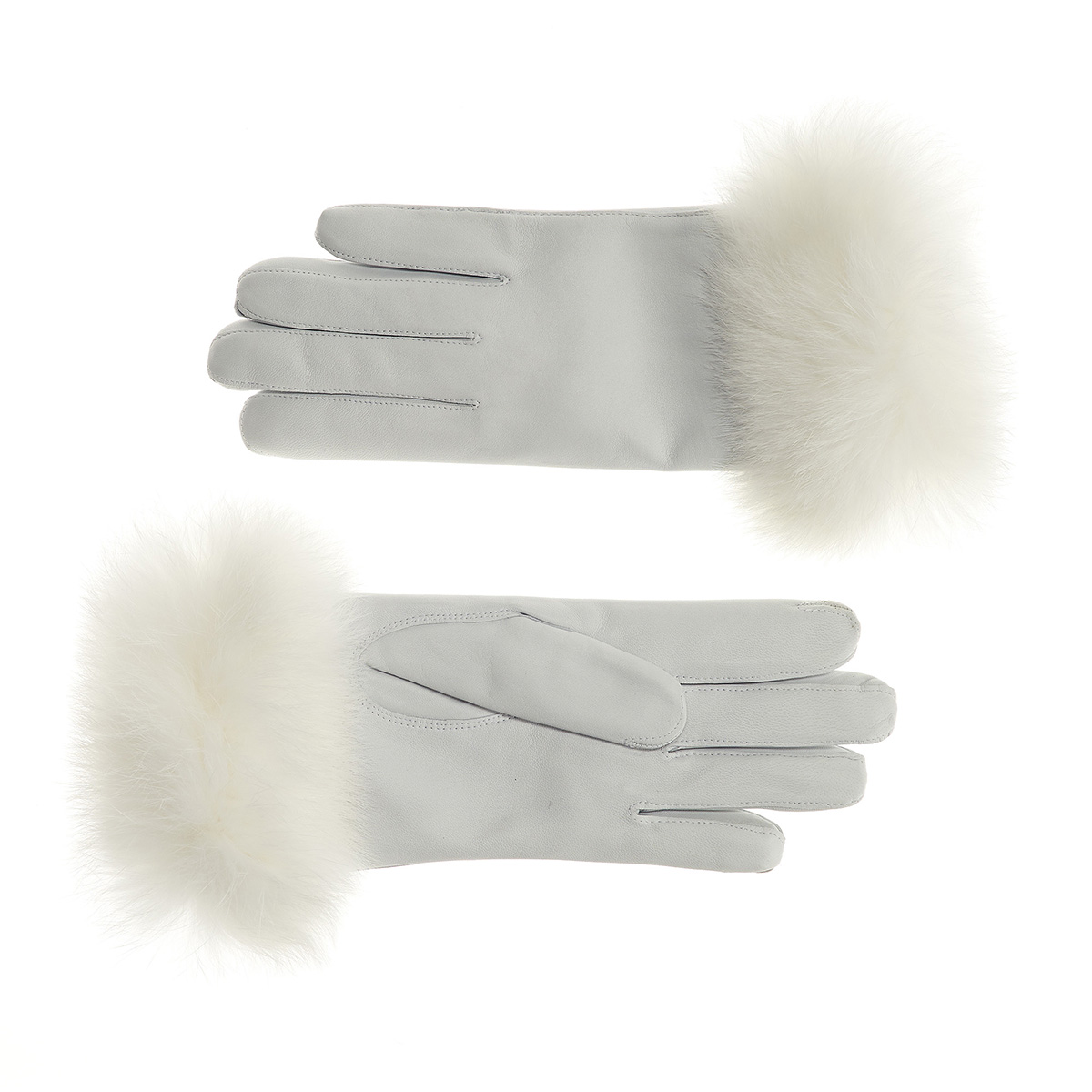 Women's Rabbit White Fur Lined Leather Gloves with Fur Cuff