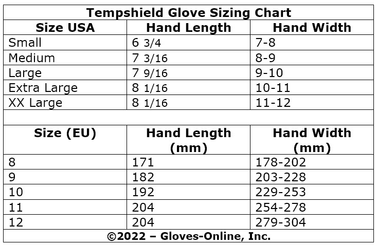 Tempshield Crygenic Glove Sizing - Image 1